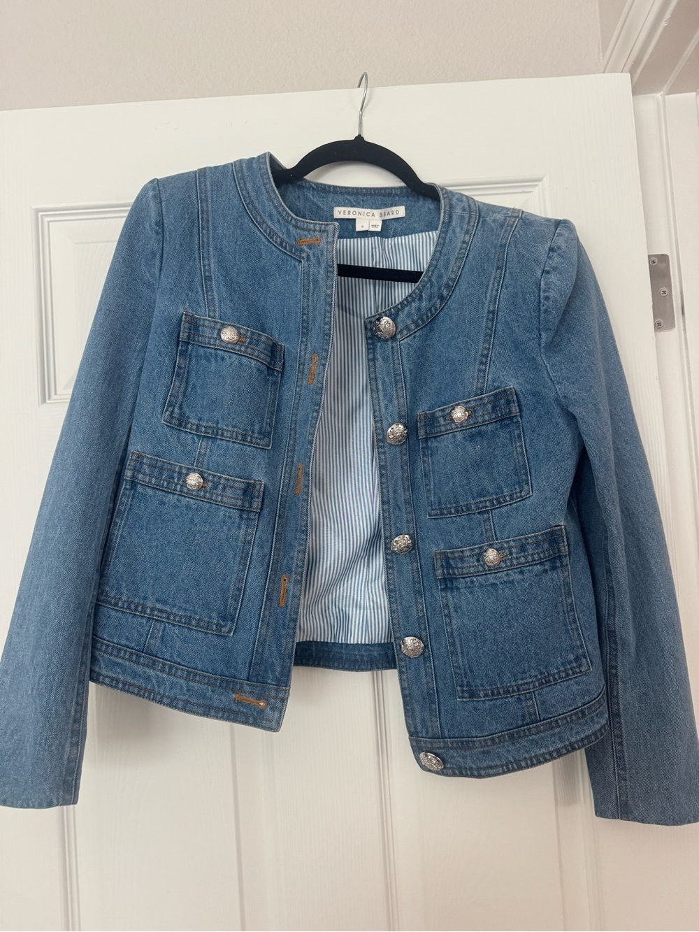 Veronica Beard Light Blue Collarless Denim Jacket with Decorative Buttons
